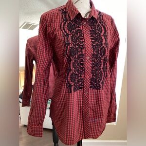 J. Crew Red and Black Plaid Button-down Shirt with Elegant bead & eyelet design